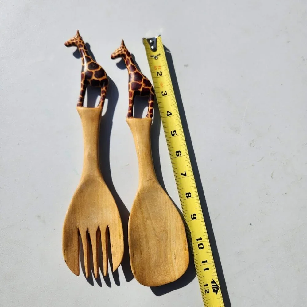 New Hand Carved Wood Giraffe Fork Spoon Serving Set Safari African Folk Art Home